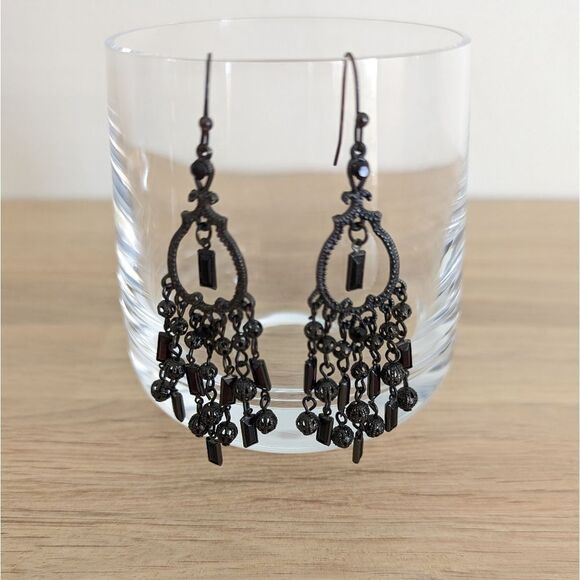 The Limited Black Metal and Burgundy Stones Dangle Earrings - Picture 4 of 4